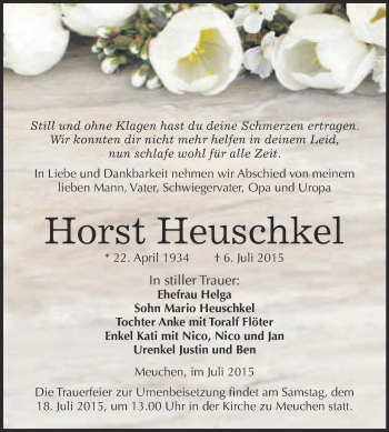 Traueranzeige von Horst Heuschkel von Super Sonntag Merseburg