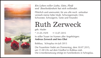 Traueranzeige von Ruth Zerweck von Mitteldeutsche Zeitung Bitterfeld