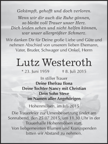 Traueranzeige von Lutz Westeroth von WVG - Wochenspiegel NMB / WSF / ZTZ