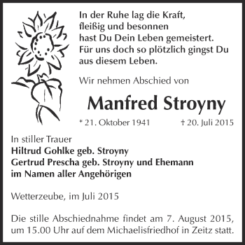Traueranzeige von Manfred Stroyny von Super Sonntag Zeitz