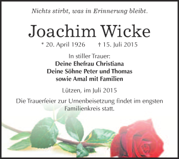 Traueranzeige von Joachim Wicke von Super Sonntag Merseburg