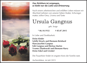 Traueranzeige von Ursula Gangnus von Wochenspiegel Mansfelder Land