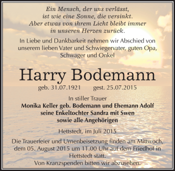 Traueranzeige von Harry Bodemann von Mitteldeutsche Zeitung Mansfelder Land