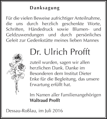 Traueranzeige von Ulrich Profft von WVG - Wochenspiegel Dessau / Köthen
