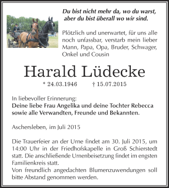 Traueranzeige von Harald Lüdecke von Super Sonntag Aschersleben