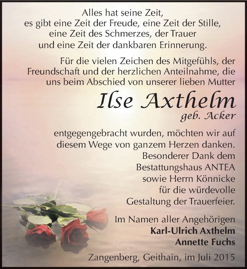  Traueranzeige für Ilse Axthelm vom 25.07.2015 aus Mitteldeutsche Zeitung Zeitz