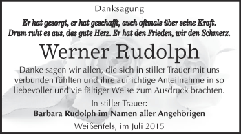 Traueranzeige von Werner Rudolph von WVG - Wochenspiegel NMB / WSF / ZTZ