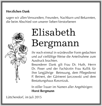 Traueranzeige von Elisabeth Bergmann von Mitteldeutsche Zeitung Mansfelder Land