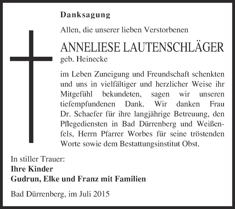  Traueranzeige für Anneliese Lautenschläger vom 25.07.2015 aus Super Sonntag Merseburg