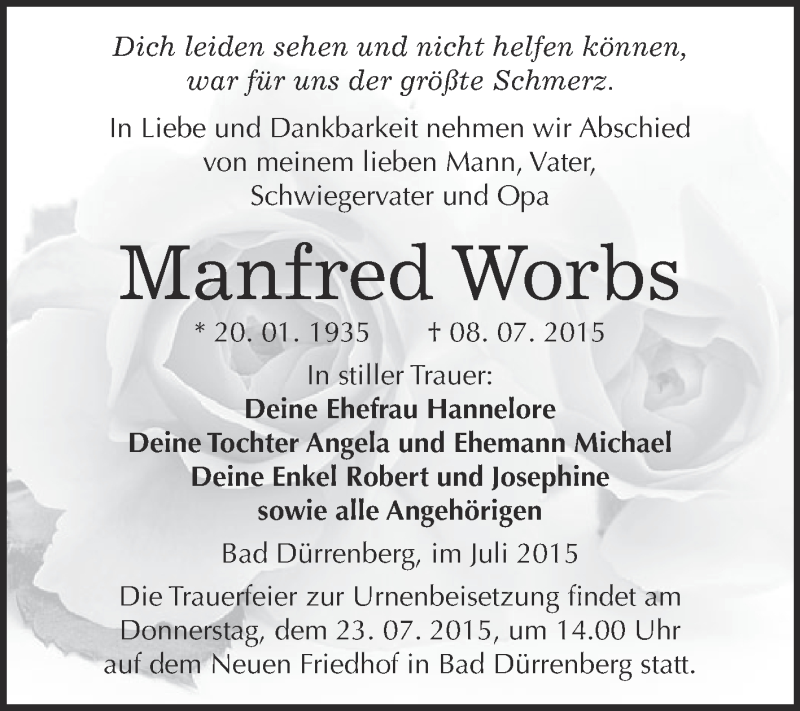  Traueranzeige für Manfred Worbs vom 15.07.2015 aus Super Sonntag Merseburg