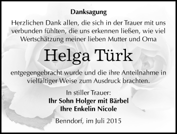 Traueranzeige von Helga Türk von Mitteldeutsche Zeitung Mansfelder Land