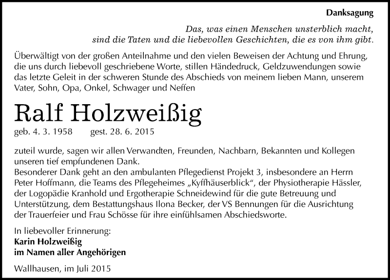  Traueranzeige für Ralf Holzweißig vom 24.07.2015 aus Mitteldeutsche Zeitung Sangerhausen