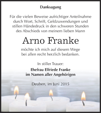 Traueranzeige von Arno Franke von WVG - Wochenspiegel NMB / WSF / ZTZ