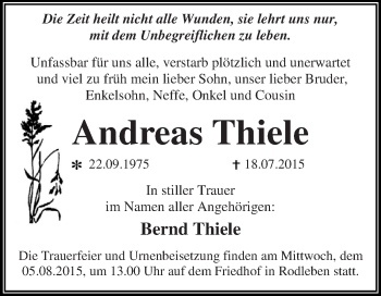 Traueranzeige von Andreas Thiele von WVG - Wochenspiegel Dessau / Köthen
