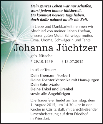 Traueranzeige von Johanna Jüchtzer von Mitteldeutsche Zeitung Köthen