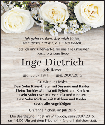 Traueranzeige von Inge Dietrich von Mitteldeutsche Zeitung Wittenberg
