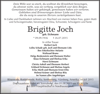Traueranzeige von Brigitte Joch von Mitteldeutsche Zeitung Sangerhausen