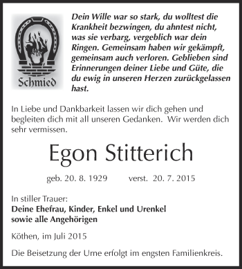 Traueranzeige von Egon Stitterich von WVG - Wochenspiegel Dessau / Köthen