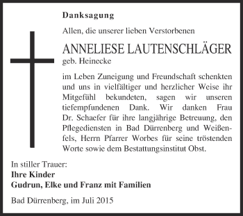 Traueranzeige von Anneliese Lautenschläger von Super Sonntag Merseburg
