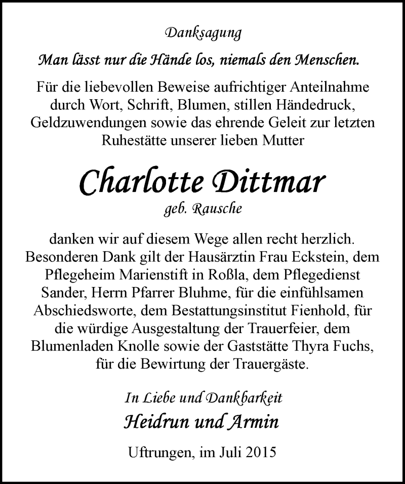  Traueranzeige für Charlotte Dittmar vom 25.07.2015 aus Mitteldeutsche Zeitung Sangerhausen