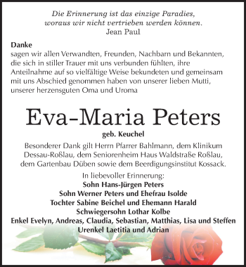 Traueranzeige von Eva-Maria Peters von Mitteldeutsche Zeitung Wittenberg