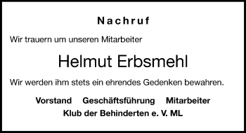 Traueranzeige von Helmut Erbsmehl von Mitteldeutsche Zeitung Mansfelder Land
