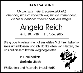 Traueranzeige von Angela Reich von WVG - Wochenspiegel NMB / WSF / ZTZ