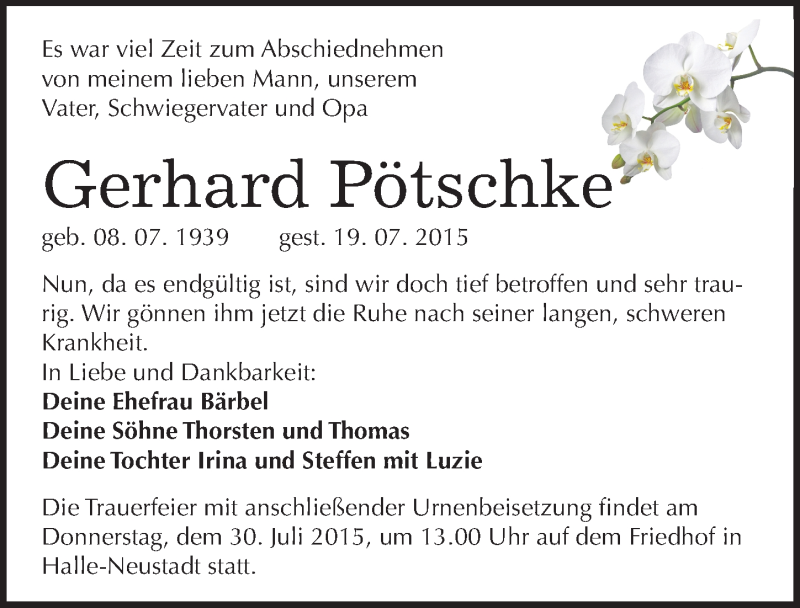 Traueranzeigen von Gerhard Pötschke www.abschiednehmen.de
