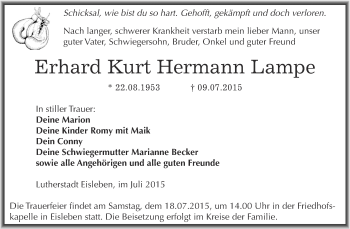 Traueranzeige von Erhard Kurt Hermann Lampe von Wochenspiegel Mansfelder Land