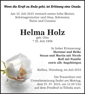 Traueranzeige von Helma Holz von Super Sonntag SGH Mansf. Land