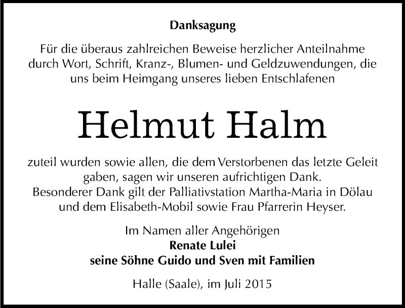  Traueranzeige für Helmut Halm vom 29.07.2015 aus Mitteldeutsche Zeitung Halle/Saalkreis