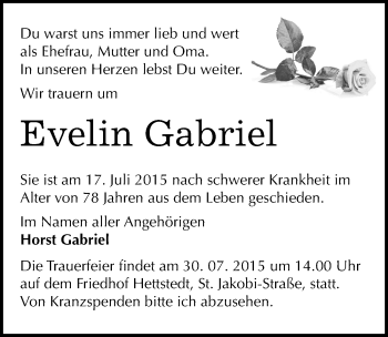 Traueranzeige von Evelin Gabriel von Mitteldeutsche Zeitung Mansfelder Land