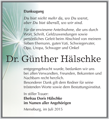 Traueranzeige von Günther Hälschke von Mitteldeutsche Zeitung Merseburg/Querfurt