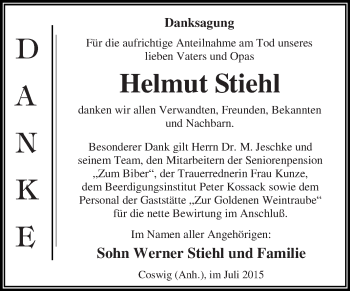 Traueranzeige von Helmut Stiehl von WVG - Wochenspiegel Dessau / Köthen