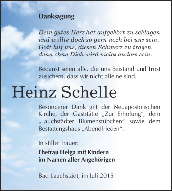 Traueranzeige von Heinz Schelle von WVG - Wochenspiegel Merseburg