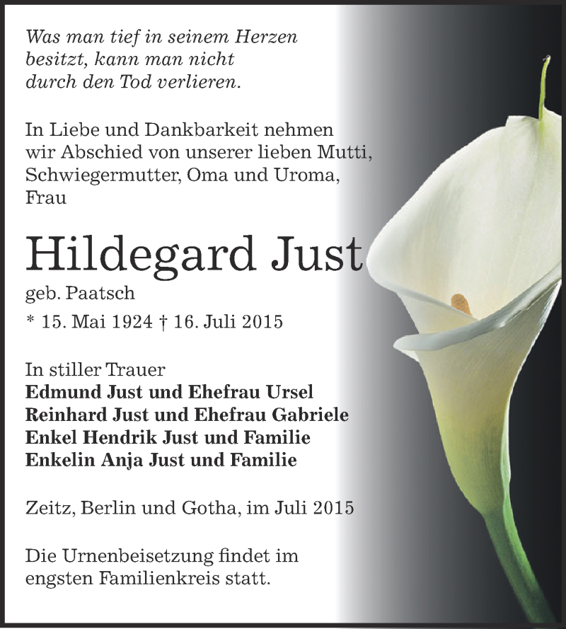  Traueranzeige für Hildegard Just vom 25.07.2015 aus Super Sonntag Zeitz