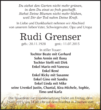 Traueranzeige von Rudi Grenser von Mitteldeutsche Zeitung Merseburg/Querfurt