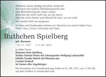 Traueranzeige von Ruthchen Spielberg von WVG - Wochenspiegel Bitterfeld