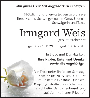 Traueranzeige von Irmgard Weis von Mitteldeutsche Zeitung Köthen