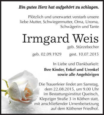 Traueranzeige von Irmgard Weis von WVG - Wochenspiegel Dessau / Köthen