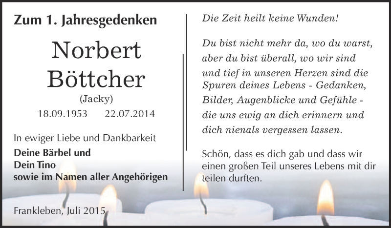  Traueranzeige für Norbert Böttcher vom 22.07.2015 aus WVG - Wochenspiegel Merseburg