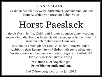 Traueranzeige von Horst Paeslack von Mitteldeutsche Zeitung Merseburg/Querfurt