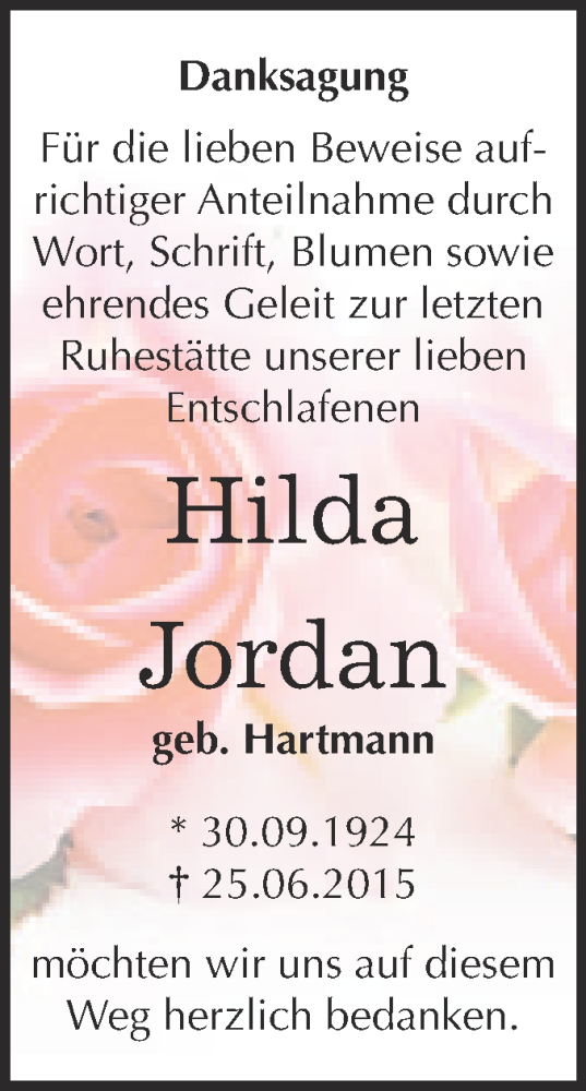  Traueranzeige für Hilda Jordan vom 22.07.2015 aus WVG - Wochenspiegel NMB / WSF / ZTZ