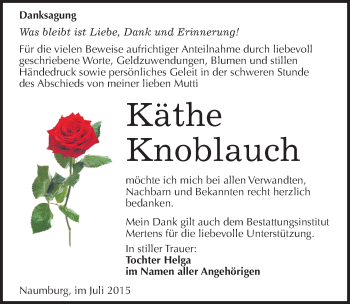 Traueranzeige von Käthe Knoblauch von Mitteldeutsche Zeitung Naumburg/Nebra