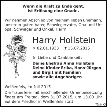 Traueranzeige von Harry Hollstein von WVG - Wochenspiegel NMB / WSF / ZTZ