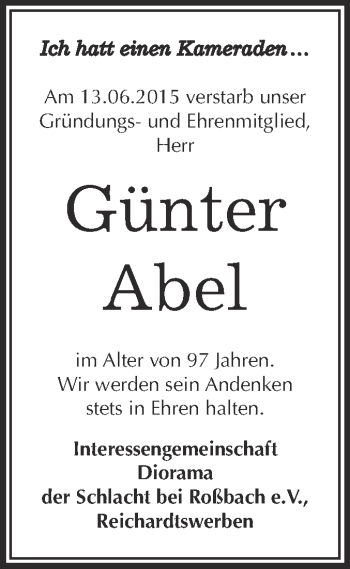 Traueranzeige von Günter Abel von WVG - Wochenspiegel NMB / WSF / ZTZ