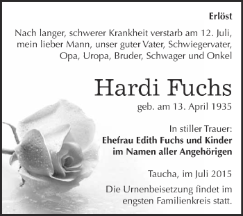 Traueranzeige von Hardi Fuchs von WVG - Wochenspiegel NMB / WSF / ZTZ