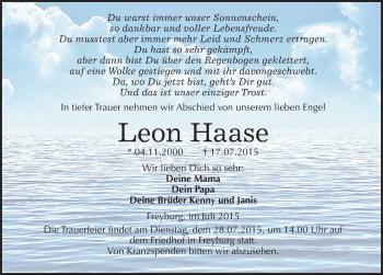 Traueranzeige von Leon Haase von Mitteldeutsche Zeitung Naumburg/Nebra