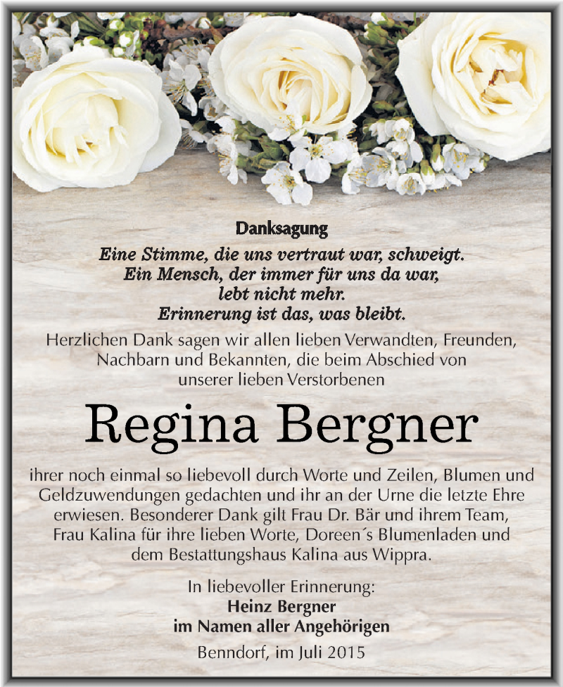  Traueranzeige für Regina Bergner vom 25.07.2015 aus Super Sonntag SGH Mansf. Land
