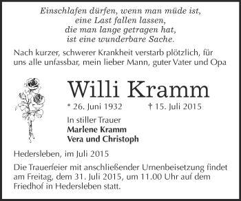 Traueranzeige von Willi Kramm von WVG - Wochenspiegel Quedlinburg